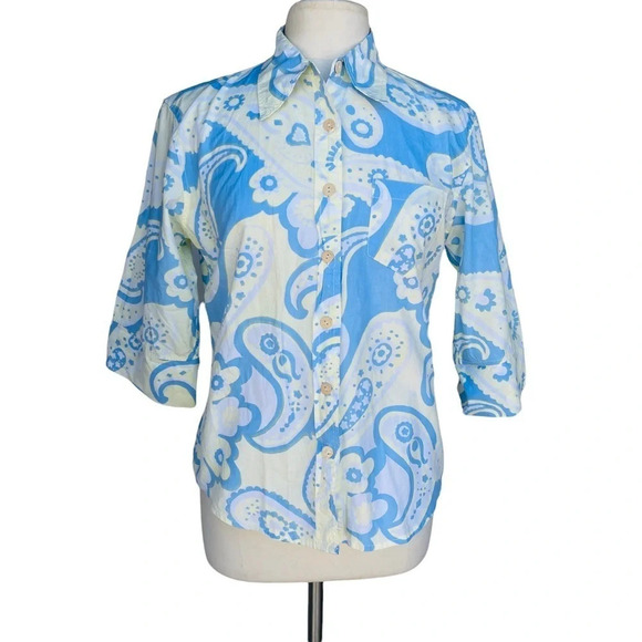 TOTEM By The Sea Women’s Sz M Blue Paisley Cotton 3/4 Sleeve Button Front Shirt - Picture 2 of 3